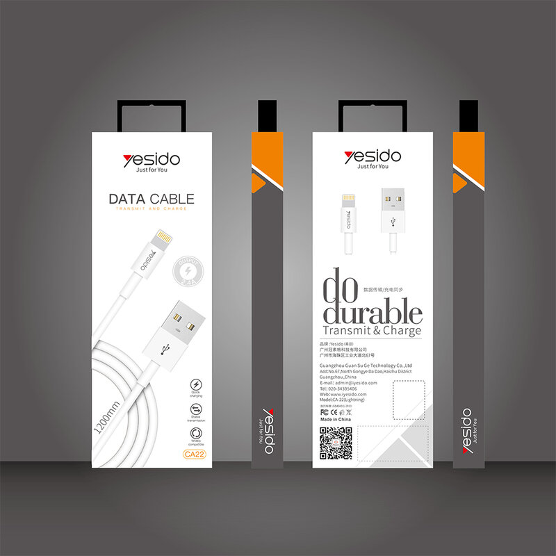 Cablu de date USB la Lightning Yesido CA22, 2.4A, 1.2m, alb