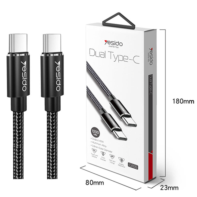 Cablu de date Type-C la Type-C Yesido CA55, 45W, 3A, 1.2m, negru