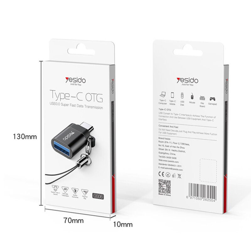 Adaptor USB la Type-C OTG Yesido GS06, plug & play, 5Gbps, negru