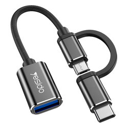 Adaptor USB OTG la Micro-USB + Type-C Yesido GS02, plug & play, negru