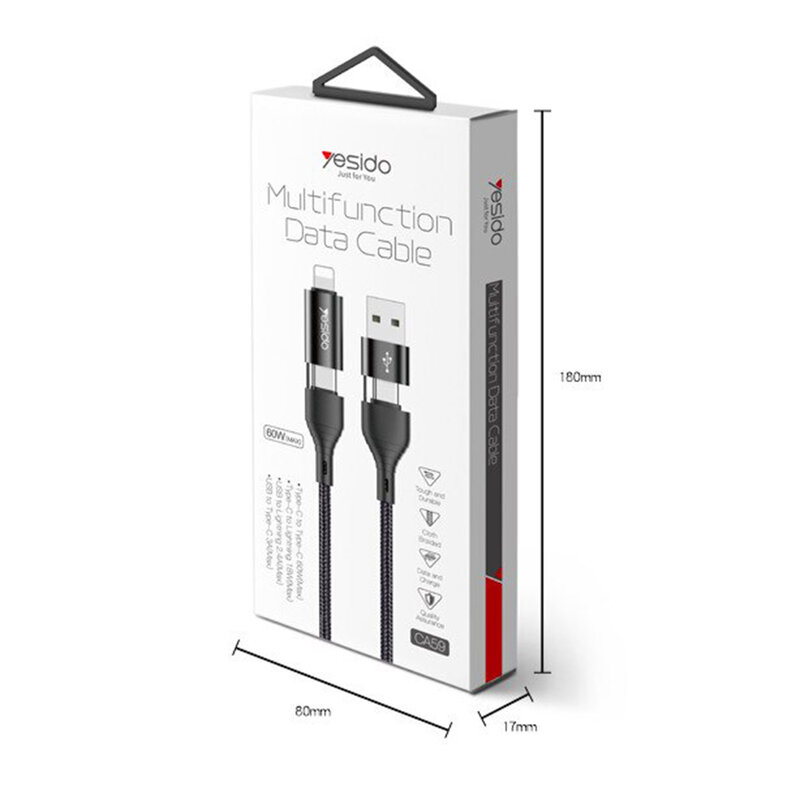 Cablu de date 4in1 Yesido CA59, 2x Type-C, Lightning, USB, 3A, 1.2m, negru
