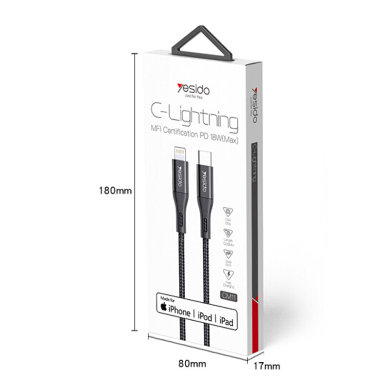 Cablu de date Type-C la Lightning Yesido CM11, 18W, 2A, 1.2m, negru