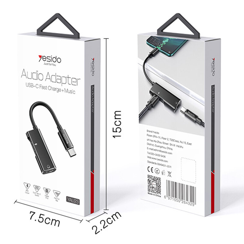 Adaptor audio DAC USB-C la 2x Type-C Yesido YAU23, 60W, negru