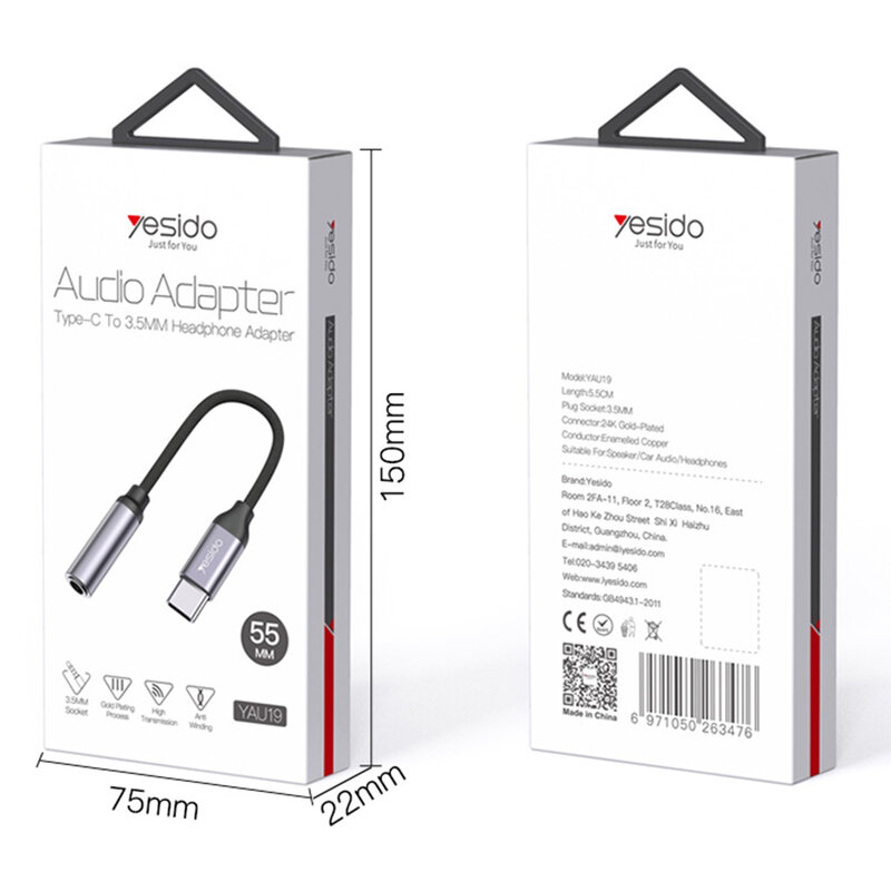 Adaptor audio USB-C la Jack 3.5mm Hi-Fi Yesido YAU19, negru