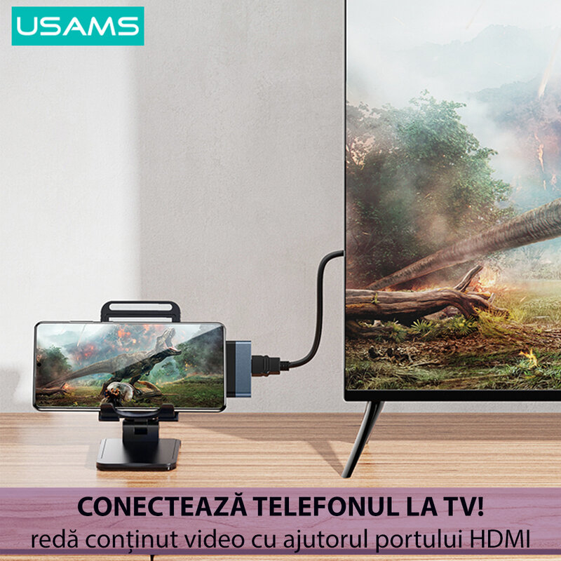 Hub Type-C OTG Usams la 2x USB, Type-C, 60W, gri, US-SJ490