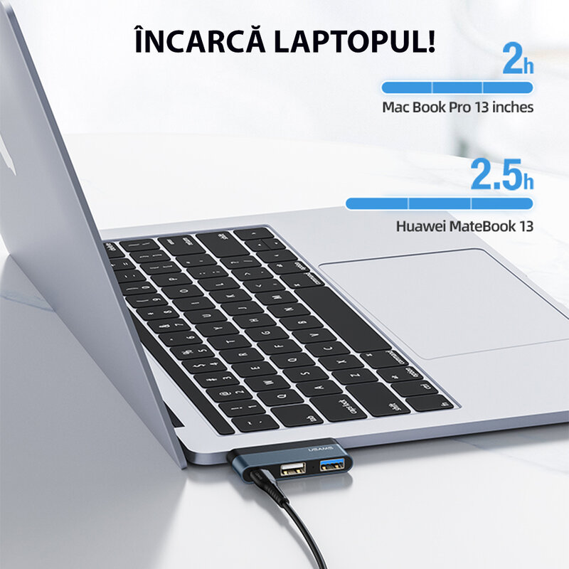 Hub Type-C OTG Usams la 2x USB, Type-C, 60W, gri, US-SJ490