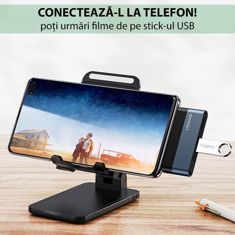 Hub Type-C OTG Usams la 2x USB, Type-C, 60W, gri, US-SJ490