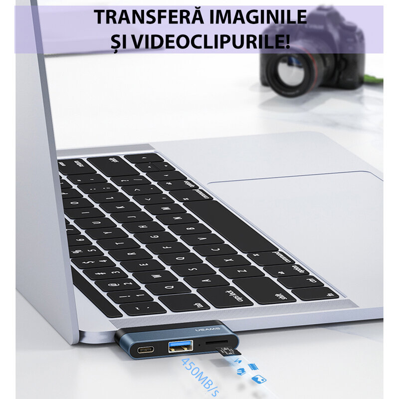 Hub mini USB-C OTG Usams la USB, Type-C, HDMI, 60W, US-SJ492