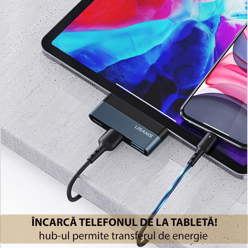 Hub mini USB-C OTG Usams la USB, Type-C, HDMI, 60W, US-SJ492