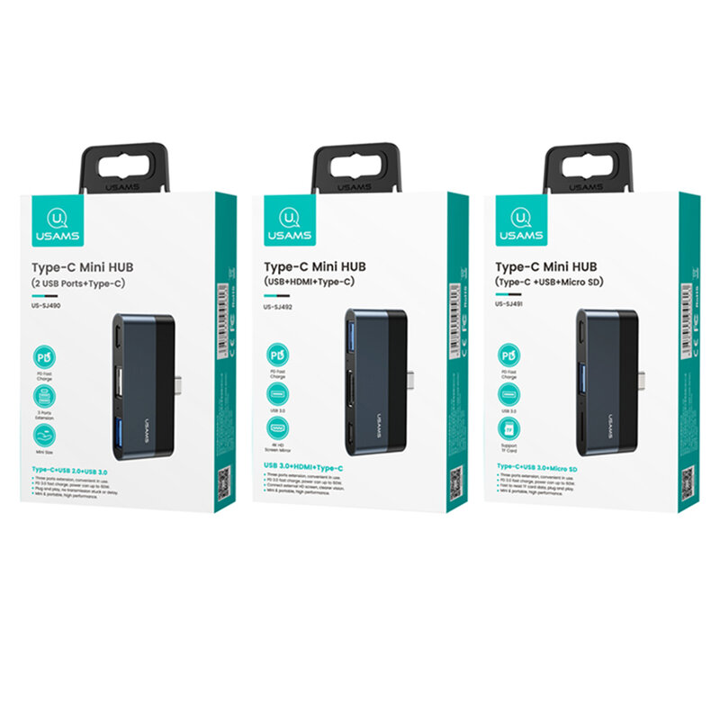 Hub mini USB-C OTG Usams la USB, Type-C, HDMI, 60W, US-SJ492