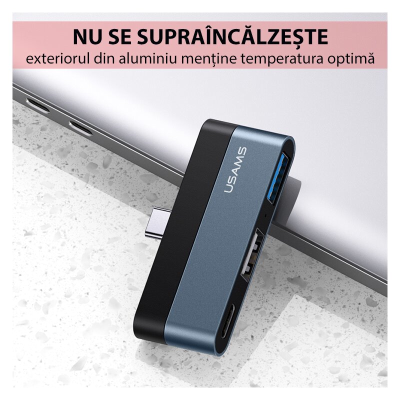 Hub mini USB-C OTG Usams la USB, Type-C, HDMI, 60W, US-SJ492