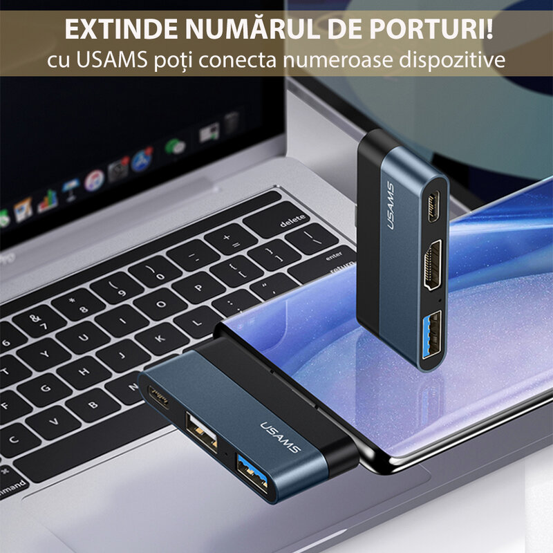 Hub mini USB-C OTG Usams la USB, Type-C, HDMI, 60W, US-SJ492