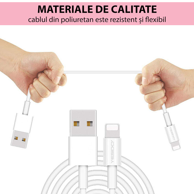 Cablu de date USB la Lightning Yesido CA22, 2.4A, 1.2m, alb
