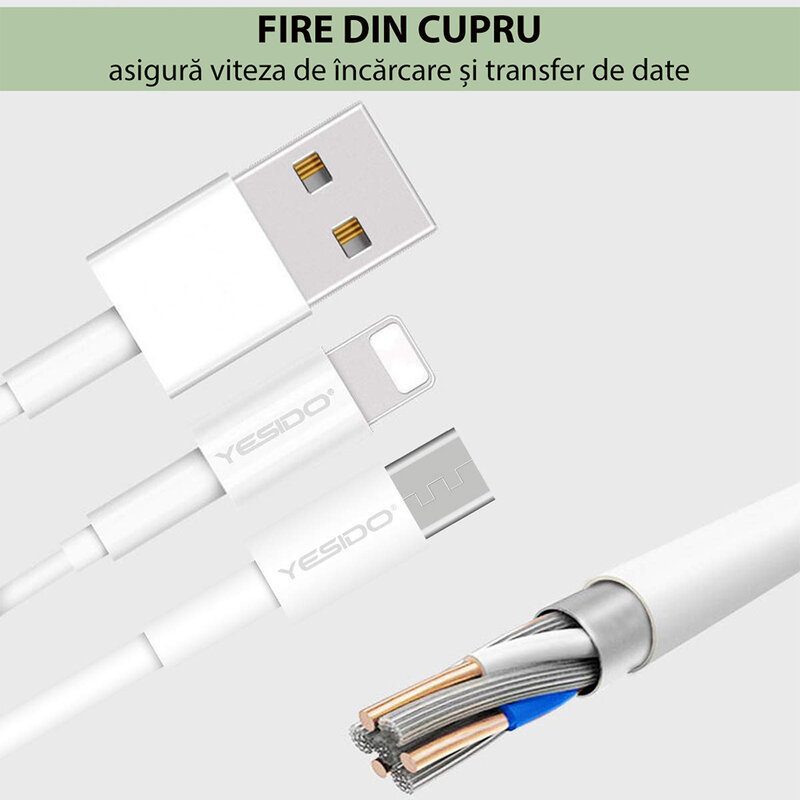Cablu de date USB la Lightning Yesido CA22, 2.4A, 1.2m, alb