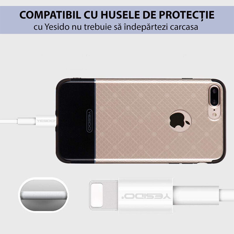 Cablu de date USB la Lightning Yesido CA22, 2.4A, 1.2m, alb