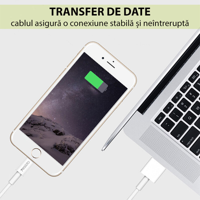 Cablu de date USB la Lightning Yesido CA22, 2.4A, 1.2m, alb