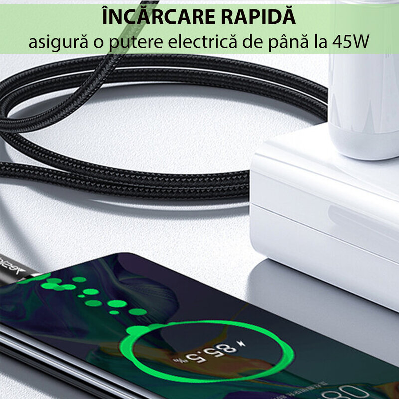 Cablu de date Type-C la Type-C Yesido CA55, 45W, 3A, 1.2m, negru