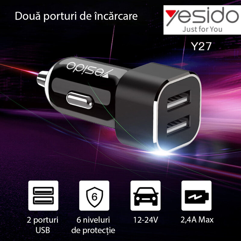 Incarcator auto Yesido Y27, 2x USB-A, lumini LED, 2.4A, negru