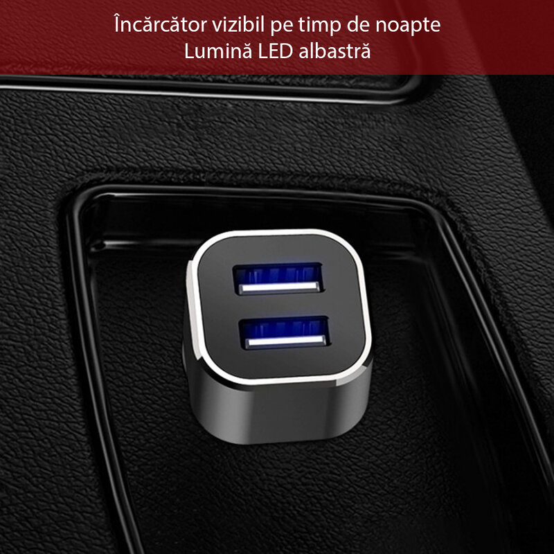 Incarcator auto Yesido Y27, 2x USB-A, lumini LED, 2.4A, negru