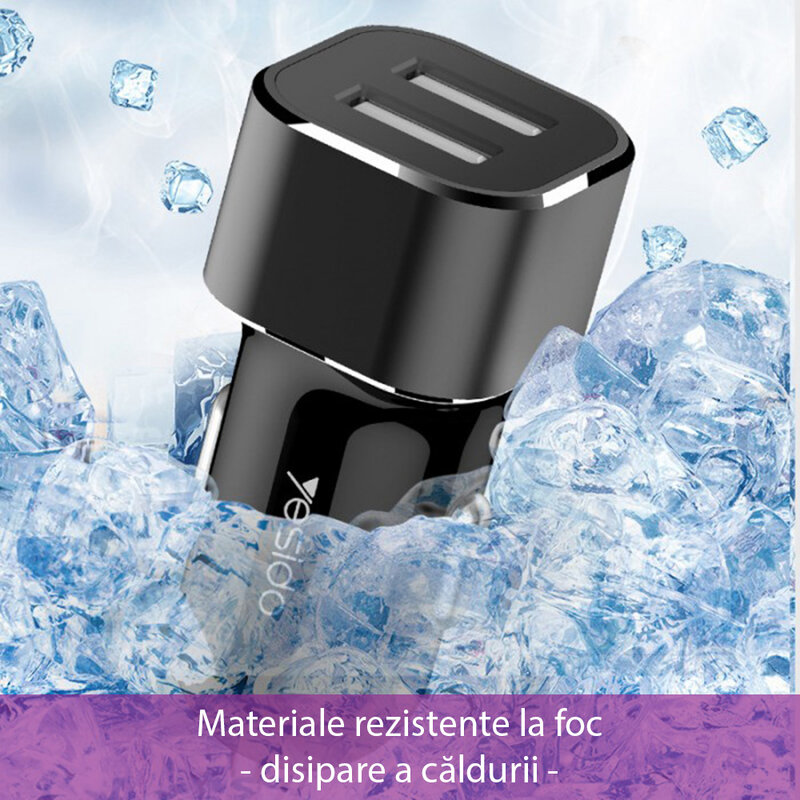 Incarcator auto Yesido Y27, 2x USB-A, lumini LED, 2.4A, negru