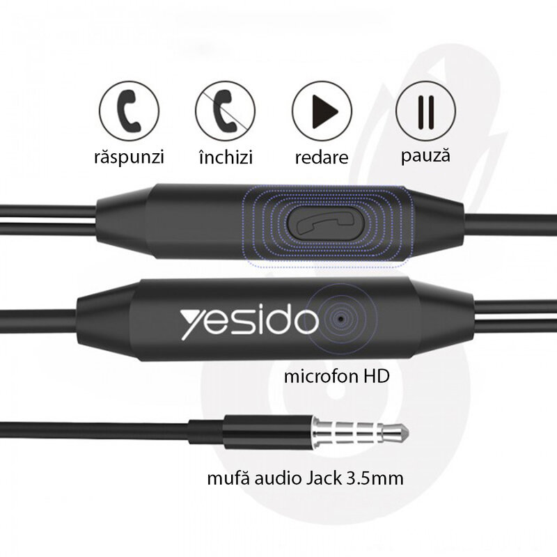 Casti cu fir in-ear Yesido YH23, stereo, microfon, Jack 3.5mm, 1.2m, negru