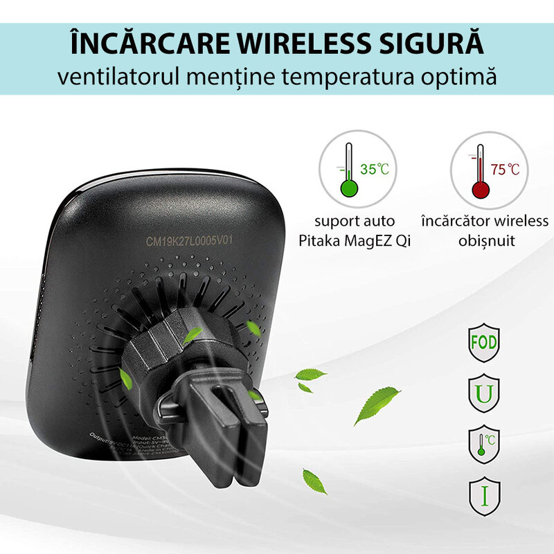 Suport telefon auto Pitaka MagEZ Qi cu incarcare wireless iPhone 12, negru