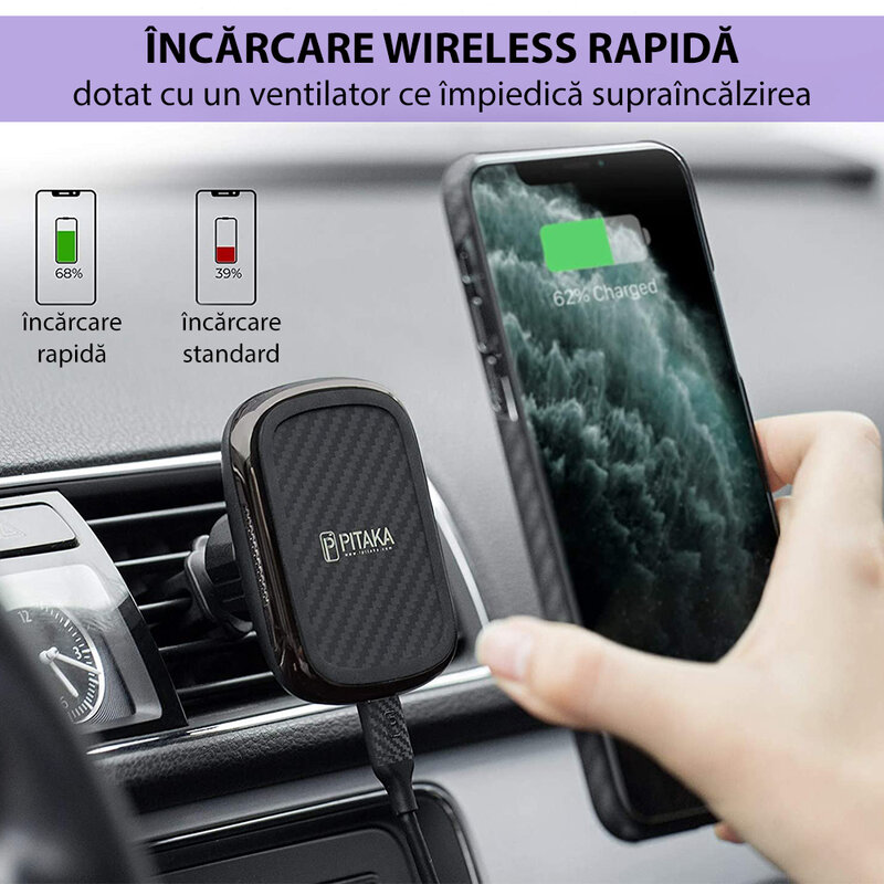Suport telefon auto Pitaka MagEZ Qi cu incarcare wireless iPhone 12, negru