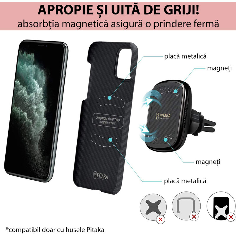 Suport telefon auto Pitaka MagEZ Qi cu incarcare wireless iPhone 12, negru