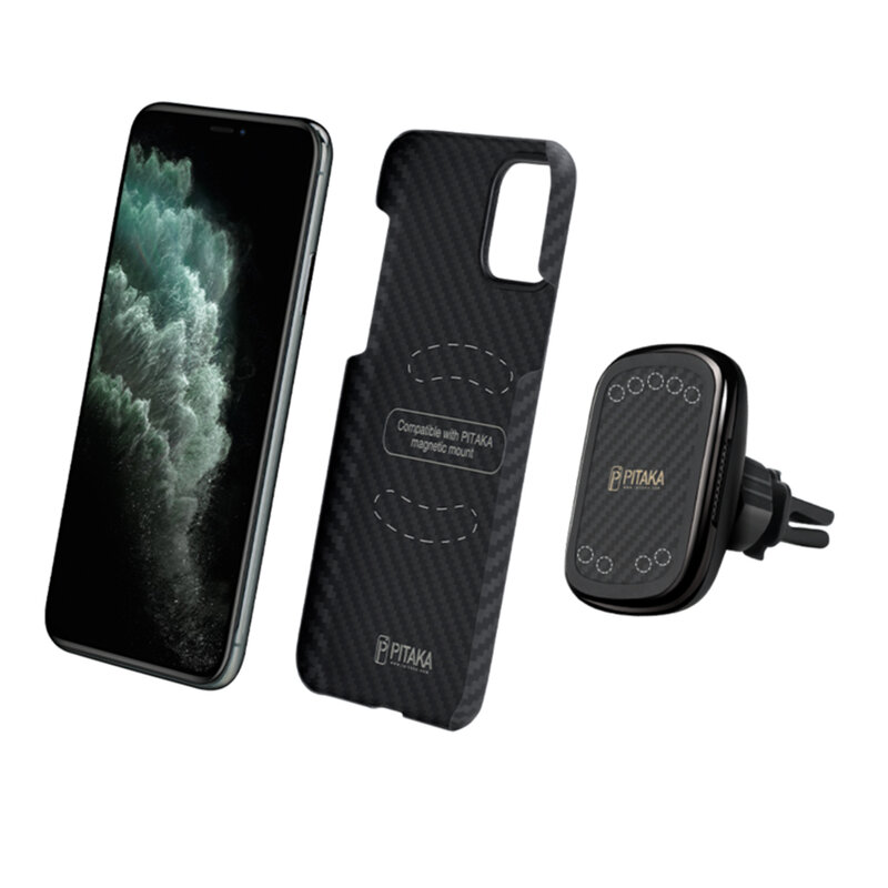 Suport telefon auto Pitaka MagEZ Qi cu incarcare wireless iPhone 12, negru