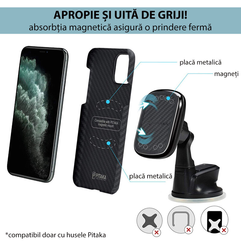 Suport telefon auto Pitaka MagEZ pentru iPhone 12, prindere bord, negru