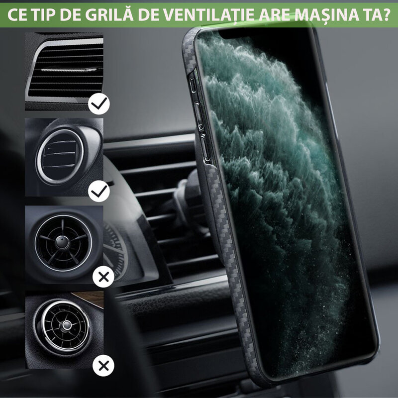 Suport telefon auto Pitaka MagEZ iPhone 12, prindere grila ventilatie, negru