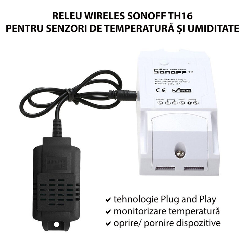 Releu wireless Sonoff TH16 Wi-Fi pentru senzori de temperatura si umiditate, alb