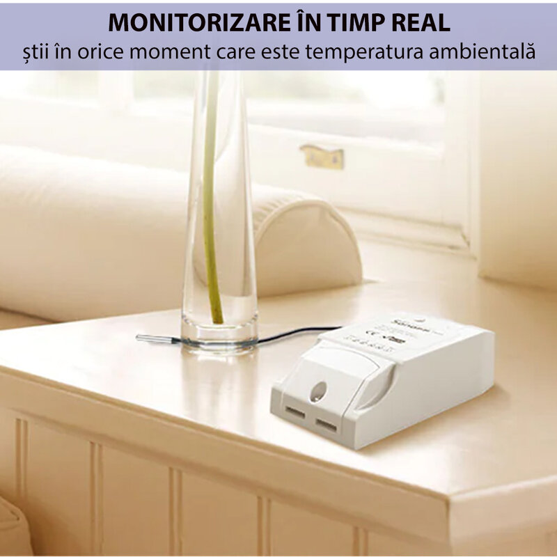 Releu wireless Sonoff TH16 Wi-Fi pentru senzori de temperatura si umiditate, alb