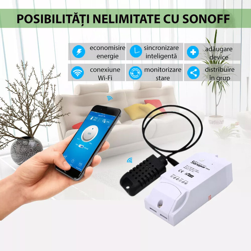 Releu wireless Sonoff TH16 Wi-Fi pentru senzori de temperatura si umiditate, alb