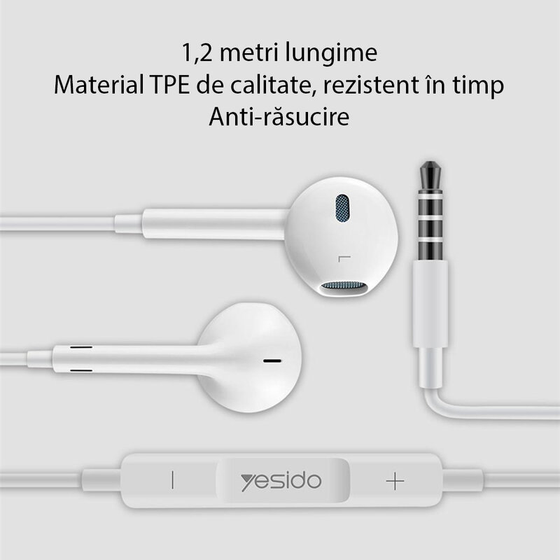 Casti cu fir in-ear Yesido YH09, stereo, microfon, Jack 3.5mm, 1.2m, alb