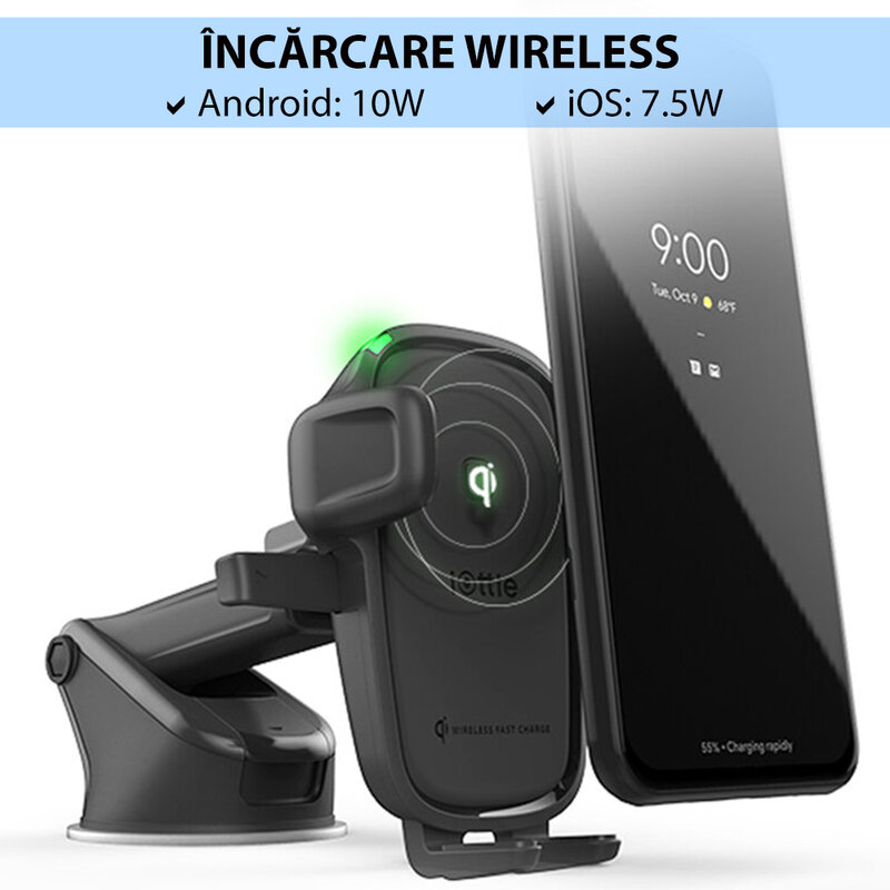 Suport telefon auto iOttie EOT 2, incarcare wireless, bord/ parbirz, negru