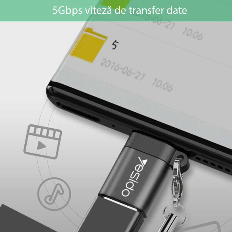Adaptor USB la Type-C OTG Yesido GS06, plug & play, 5Gbps, negru