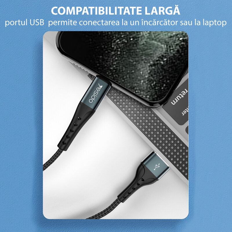 Cablu de date USB la Type-C Yesido CA62, 3A, 1.2m, negru