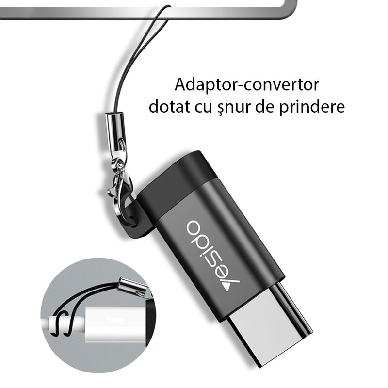 Adaptor Micro-USB la Type-C OTG Yesido GS04, plug & play, 480Mbps, negru