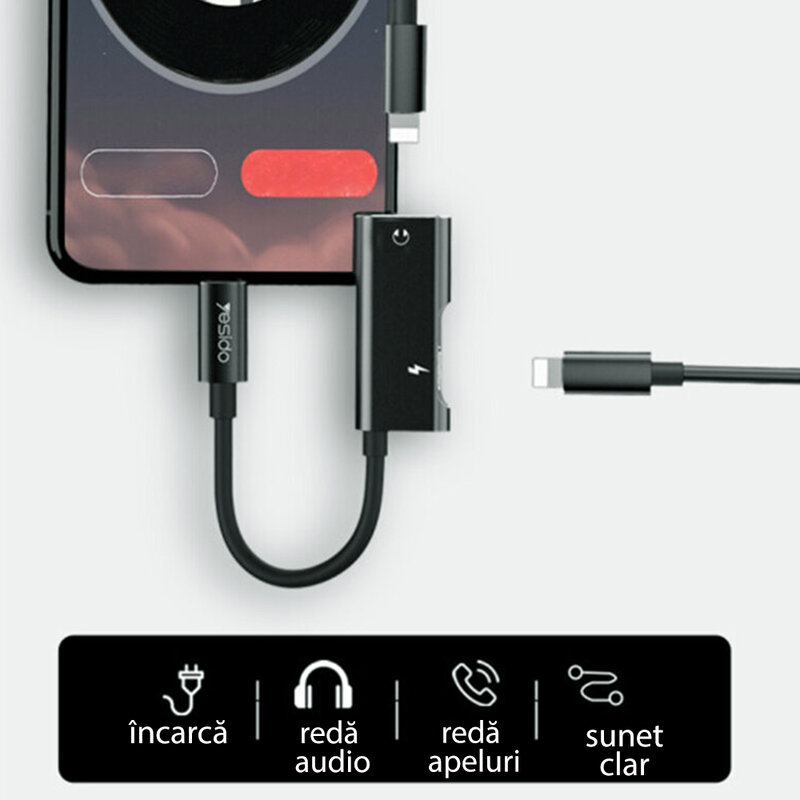 Adaptor audio DAC iPhone, Lightning la 2x Lightning Yesido YAU12, negru