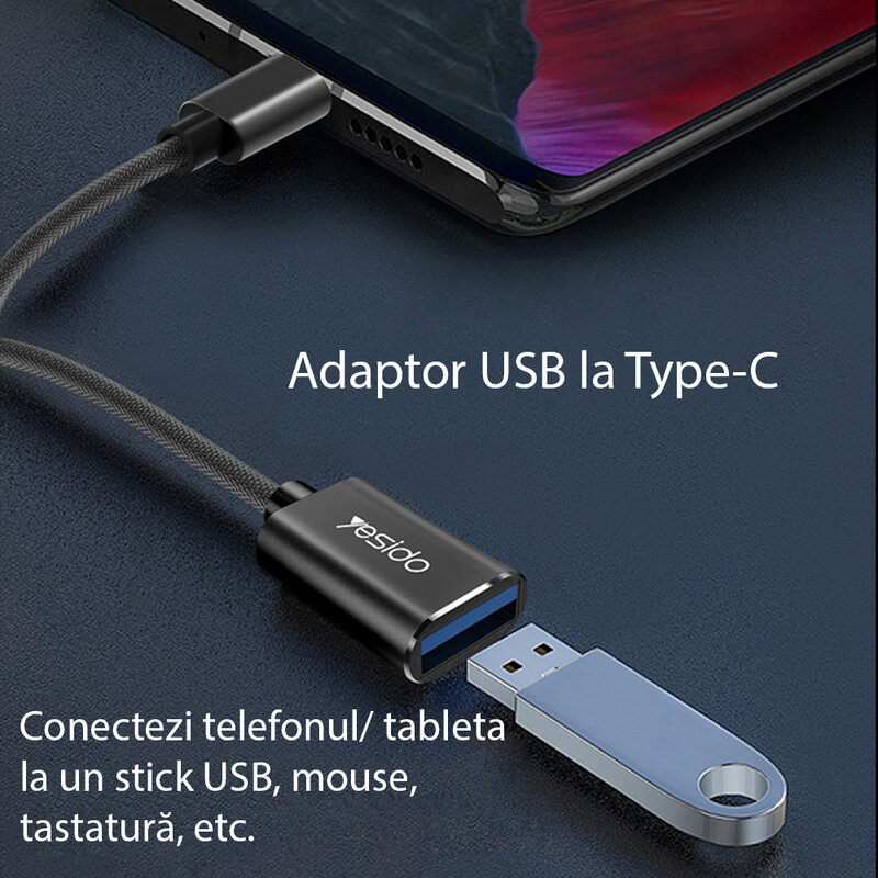 Adaptor USB la Type-C OTG Yesido GS01, plug & play, 5Gbps, negru