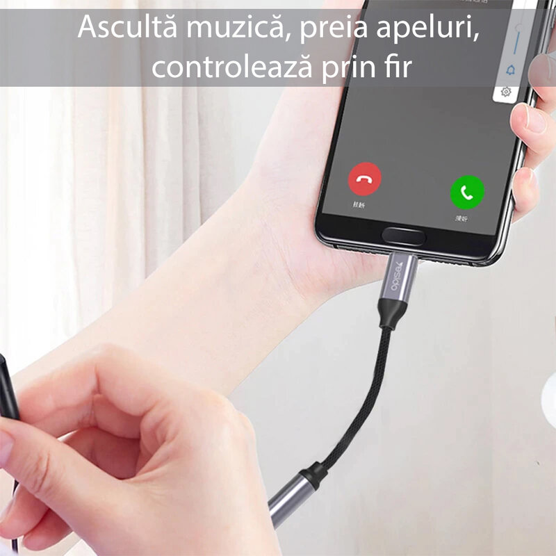 Adaptor audio USB-C la Jack 3.5mm Hi-Fi Yesido YAU19, negru