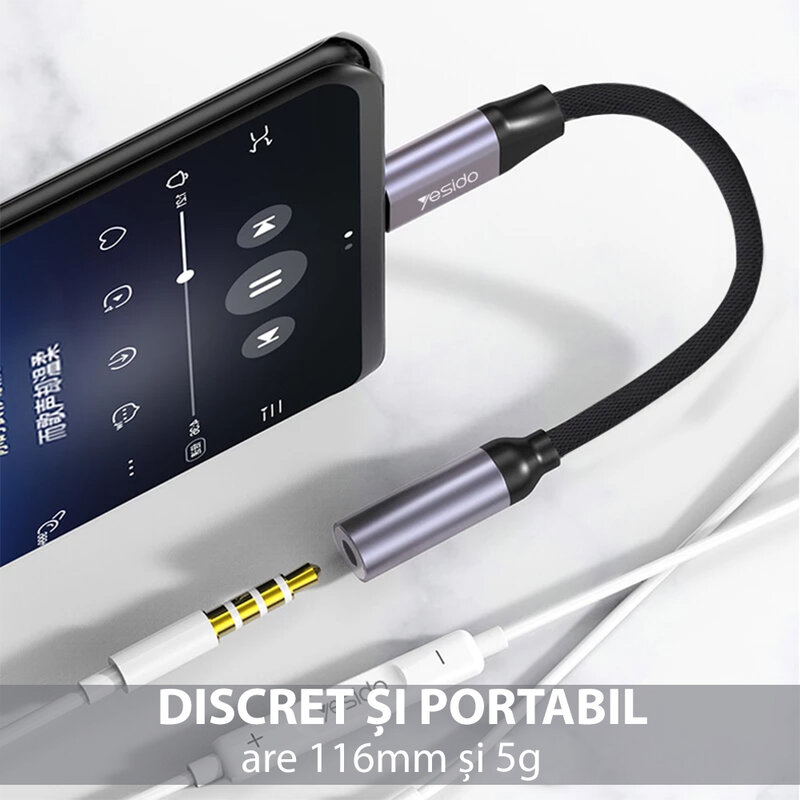 Adaptor audio USB-C la Jack 3.5mm Hi-Fi Yesido YAU19, negru