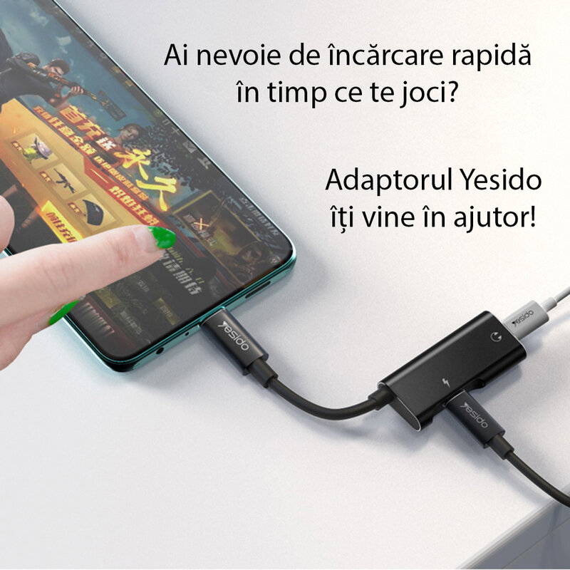 Adaptor audio DAC USB-C la 2x Type-C Yesido YAU23, 60W, negru