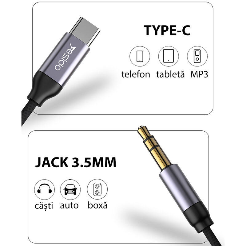 Adaptor audio Type-C la Jack 3.5mm Yesido YAU20, negru