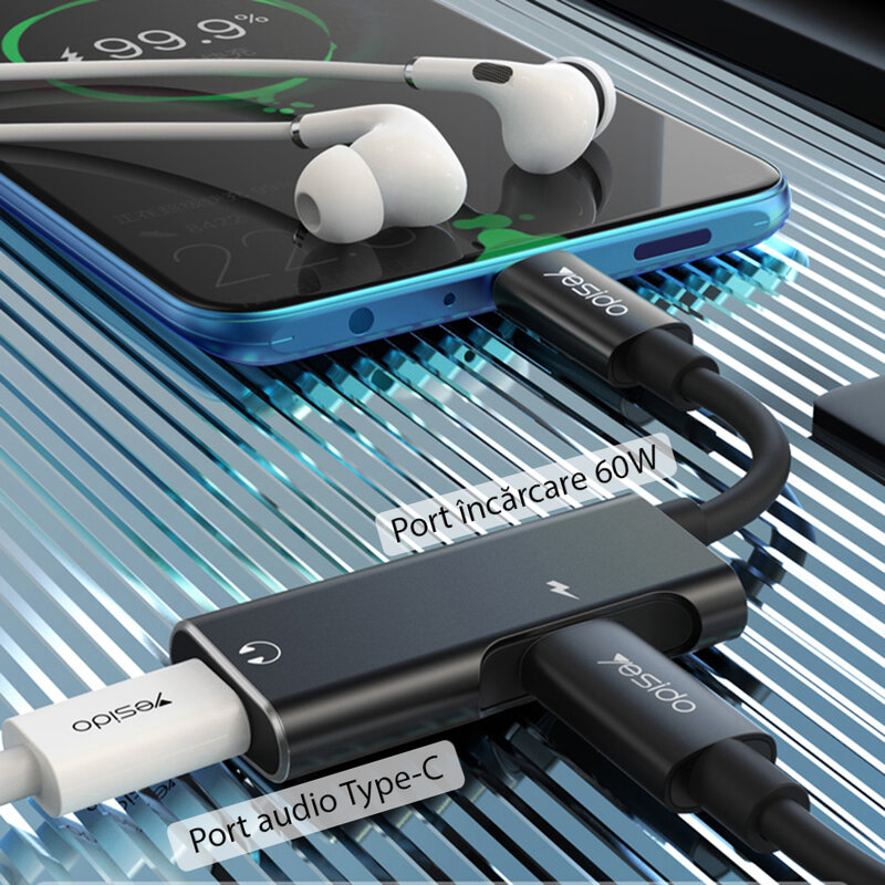 Adaptor audio DAC USB-C la 2x Type-C Yesido YAU23, 60W, negru