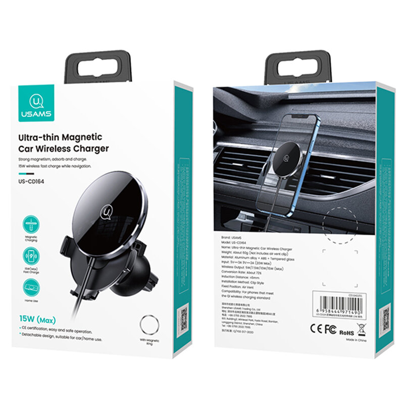 Incarcator wireless auto cu suport magnetic telefon USAMS, negru, US-CD164