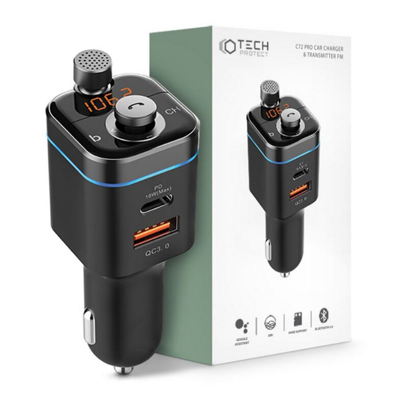Modulator FM Bluetooth Tech-Protect C72 Pro, USB, Type-C, 36W, negru
