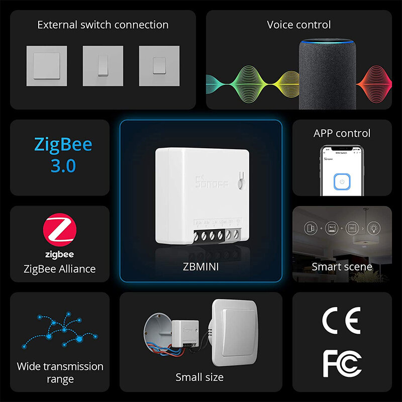 Releu wireless Sonoff ZBMini ZigBee, comutator inteligent Wi-Fi, alb