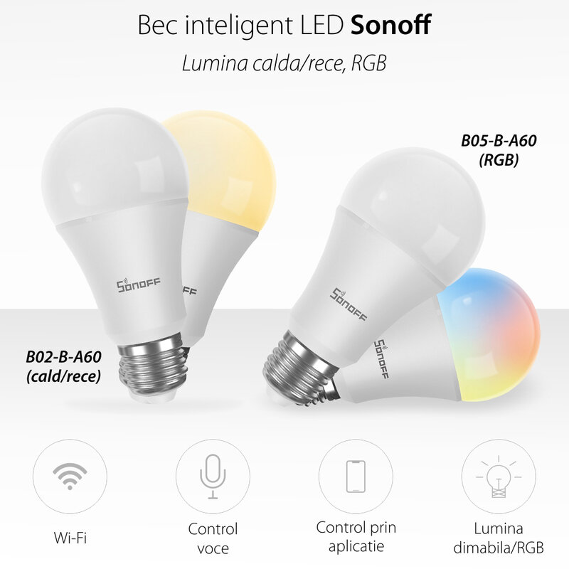 Bec LED RGB smart Sonoff B05, Wi-Fi, E27, 806lm, 9W, multicolor